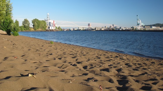 In late July low water offers a long sandy beach